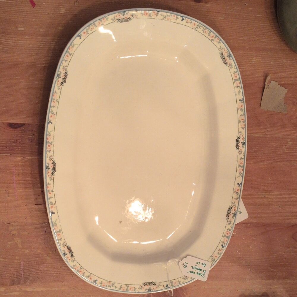 Edwin M. Knowles China Co. Vitreous Floral Oval Platter Beige Pink Green 26-2-1